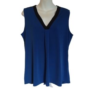 Tahari Blue Black Trim Vneck Sleeveless Blouse